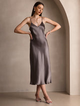 [Donkerkaki] SilkSilky-NL Spaghetti Strap V Neck Jurk 001