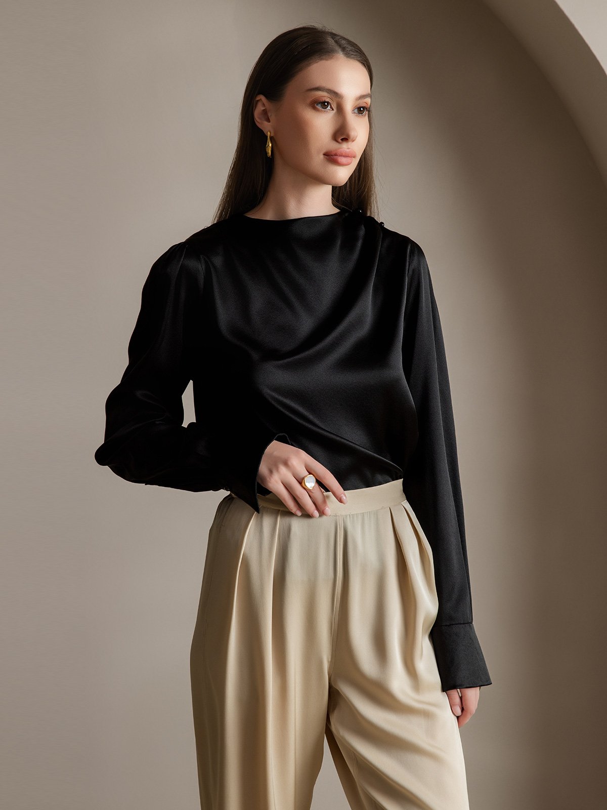 [Zwart] SilkSilky-NL 19Momme Zijde Womens Shirt 005