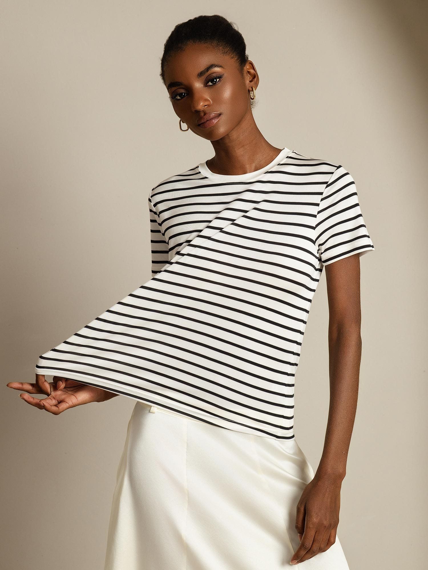 [WitteStreep] SilkSilky-NL Zijde Ronde Hals Dames T-Shirt 001