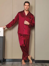 [Wijn] SilkSilky-NL Pure Silk Lange Mouw Revers Heren Pyjama Set 004