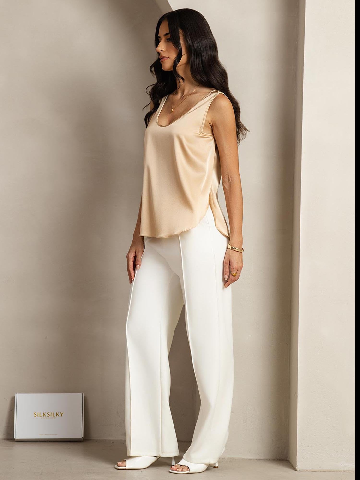 [Champagne] SilkSilky-NL 19Momme Zijde Womens T-Shirt 003