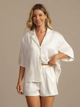 [Wit] SilkSilky-NL 19Momme Halve Mouw Notchkraag Dames Pyjama Set 007