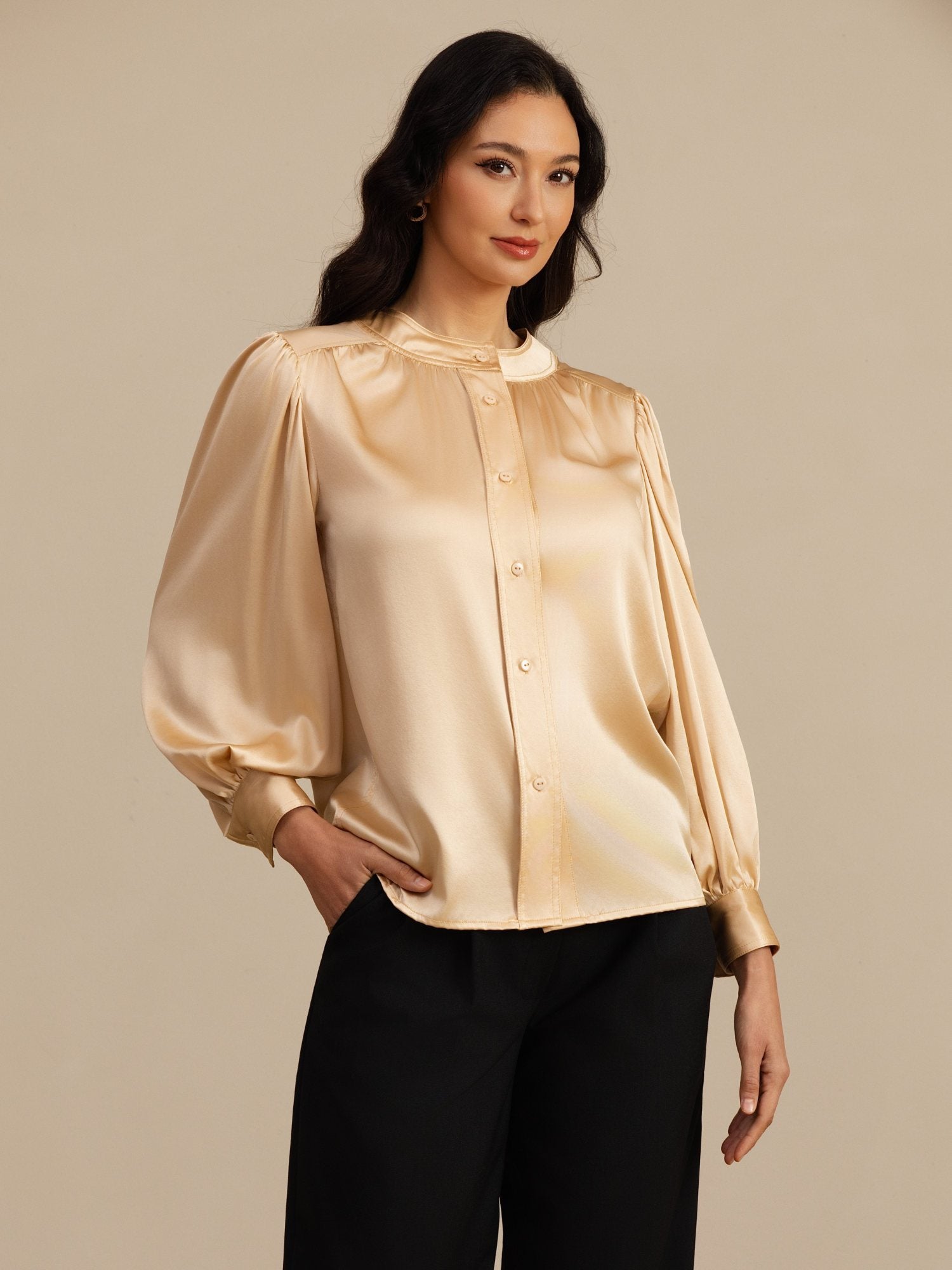 [Champagne] SilkSilky-NL 19Momme Long Sleeve Round Neck Blouse 004