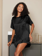 [Zwart] SilkSilky-NL Short Sleeve Split Dames Pyjama Set 001