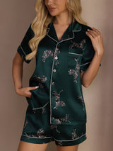 [Smaragd Zebra] SilkSilky-NL Short Sleeve Lapel Collar Dames Pyjama Set 005