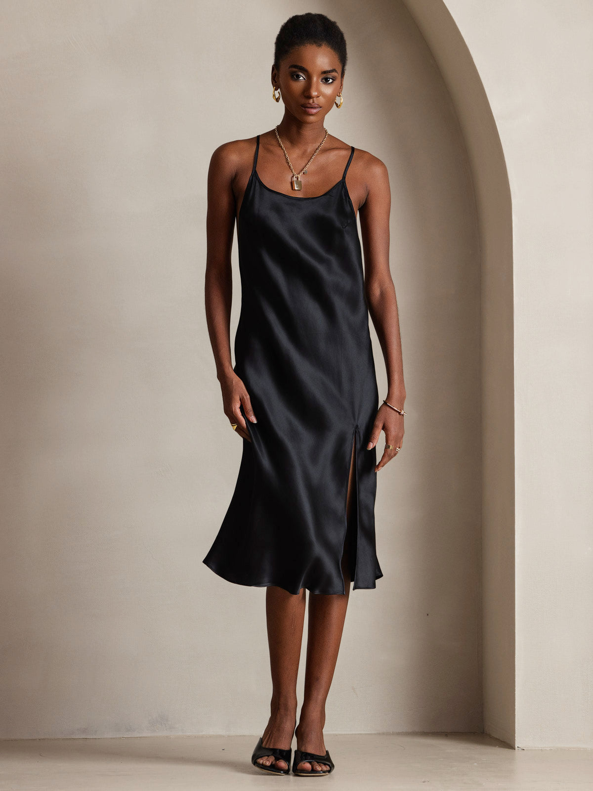 [Zwart] SilkSilky-NL Spaghetti Bandjes Diepe Ronde Hals Jurk 005