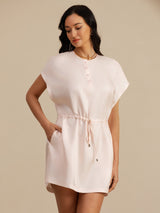 [Roze] SilkSilky-NL 18Momme Kapmouwtjes Henley-hals Jurk 003