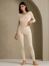 [Beige] SilkSilky-NL Long Sleeve V Neck Dames Lange Onderkleding 006