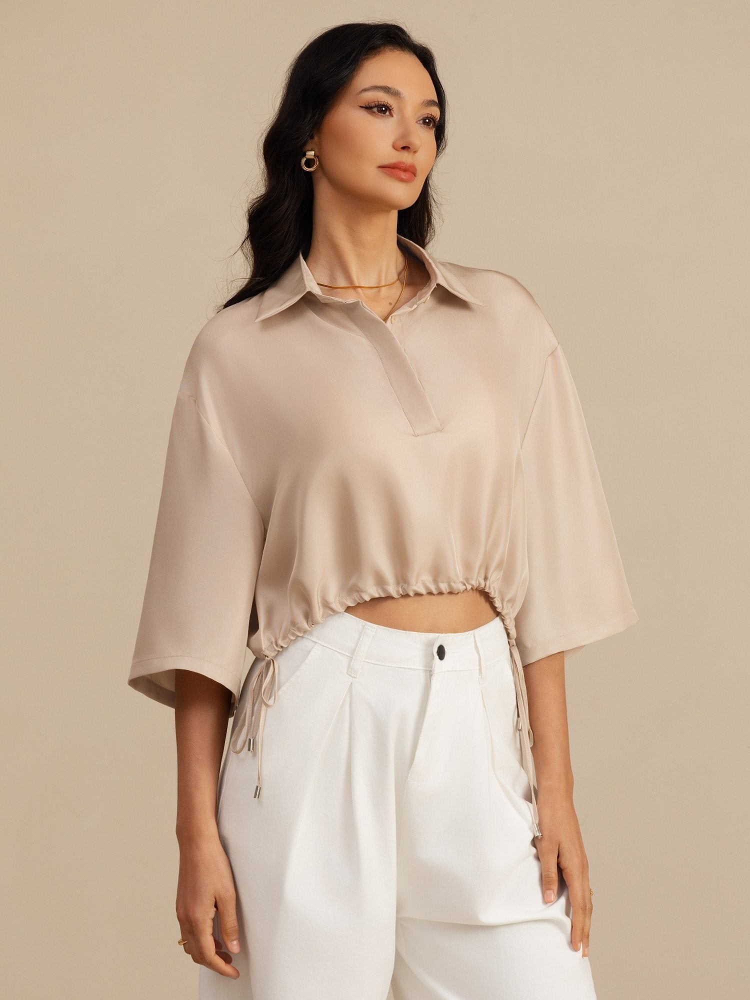 [Tan] SilkSilky-NL 18Momme Halve Mouw Reverskraag Blouse 001