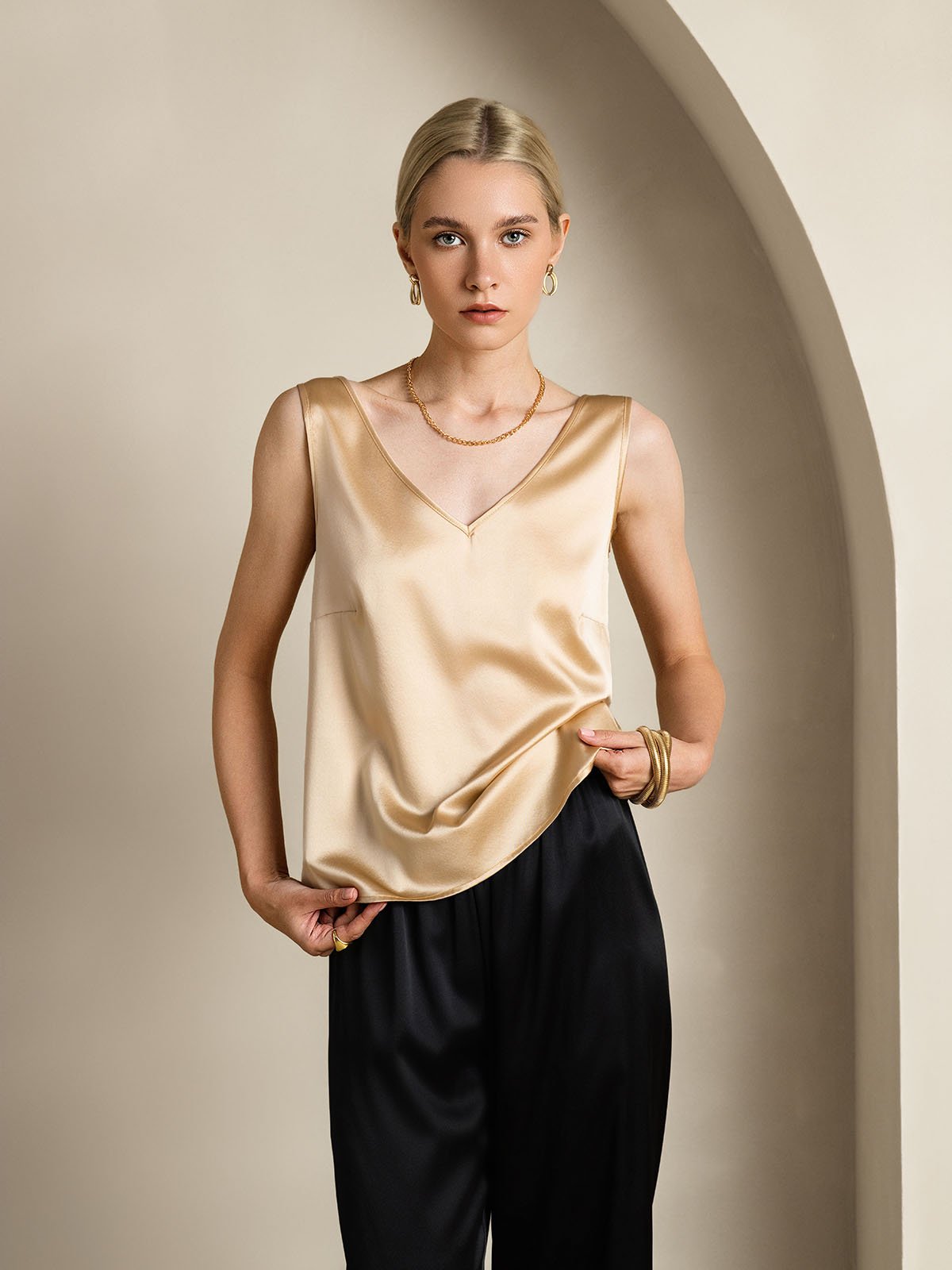 SilkSilky-NL 19Momme Zijde V-Hals Cami-Top Champagne 004