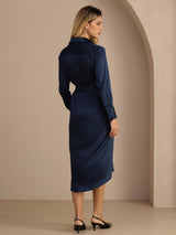 [Donkerblauw] SilkSilky-NL Long Sleeve Lapel Collar Jurk 002