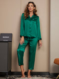 SilkSilky-NL Lange Mouw Revers Dames Pyjama Set Groen 004