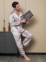 [Bleek Mauve] SilkSilky-NL Lange Mouw Notchkraag Heren Pyjama Set 005