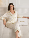 SilkSilky-NL Lange Mouw V-Hals Dames Pyjama Set Beige 005