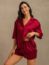 [Wijn] SilkSilky-NL 19Momme Halve Mouw Notchkraag Dames Pyjama Set 006