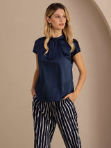 [Donkerblauw] SilkSilky-NL Short Sleeve Split Blouse 004
