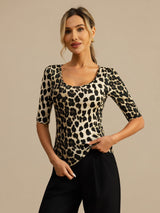 [Leopard] SilkSilky-NL Halve Mouw Diepe Ronde Hals Dames T-Shirt 001