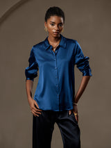 [Koningsblauw] SilkSilky-NL 19Momme Lange Mouw Reverskraag Dames Blouse 001