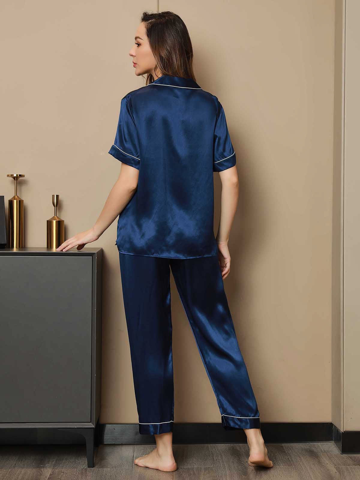 SilkSilky NL Pure Silk Korte Mouw Revers Dames Pyjama Set Donkerblauw 002