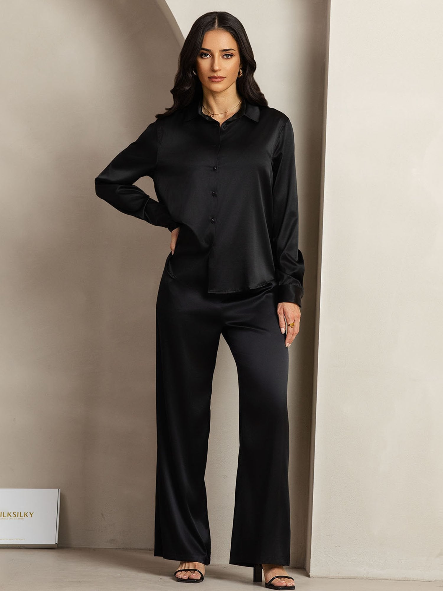 [Zwart] SilkSilky-NL 19Momme Zijde Kraag Women''s Outfit Sets 004