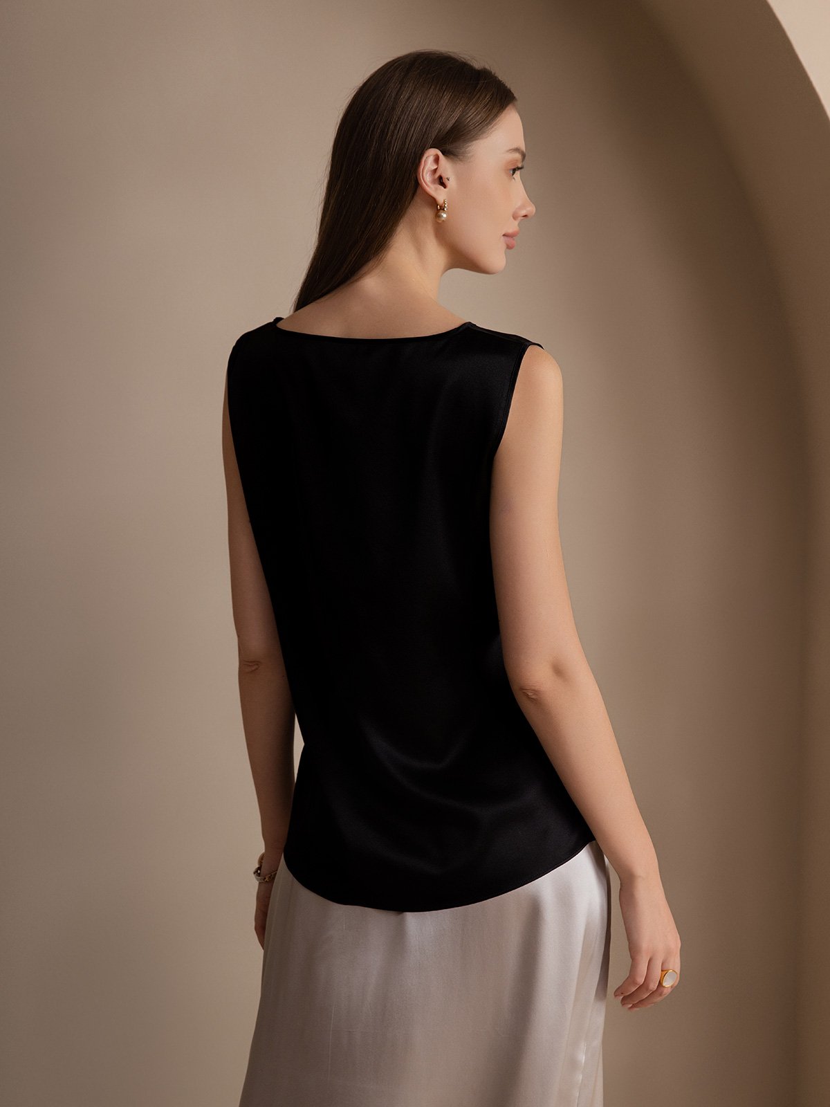 [Zwart] SilkSilky-NL 19Momme Zijde Ronde Hals Cami-Top 002