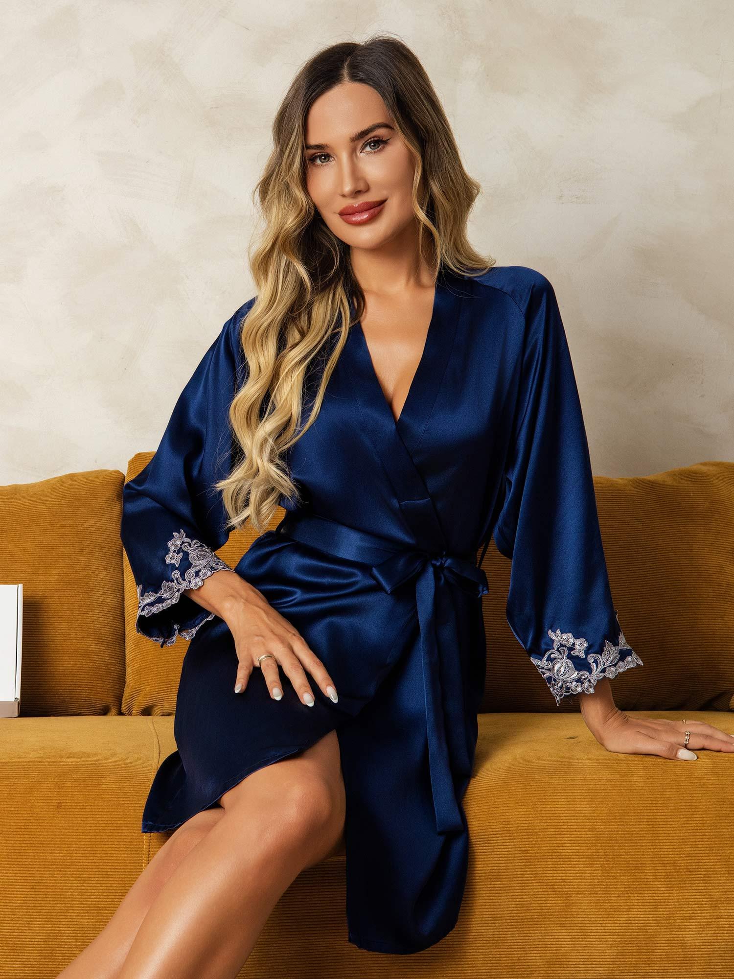 [Donkerblauw] SilkSilky-NL Zijde Womens Robe 004