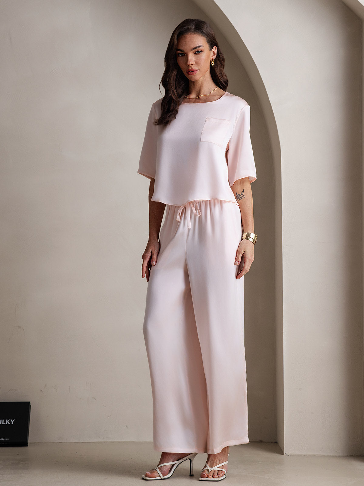 [Roze] SilkSilky-NL Ronde Hals Dames Pyjama Set 006,