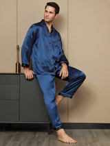 [Donkerblauw] SilkSilky-NL Pure Silk Lange Mouw Revers Heren Pyjama Set 001