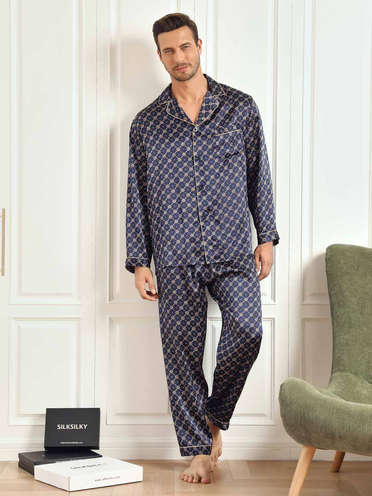 [Marine Ketting] SilkSilky-NL 19Momme Lange Mouw Heren Pyjama Set 002