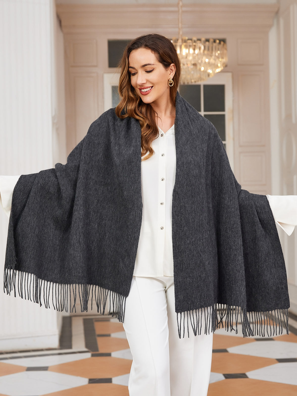 [Donkergrijs] SilkSilky-NL Wol Scarf 003