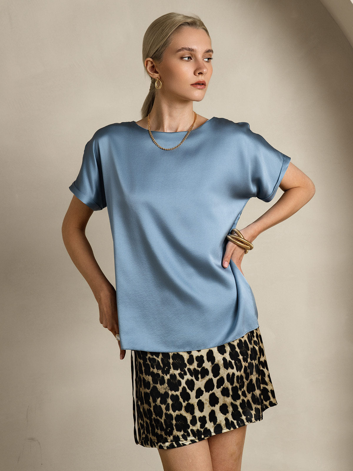 [Grijsachtig Blauw] SilkSilky-NL 19Momme Zijde Ronde Hals Dames T-Shirt 004