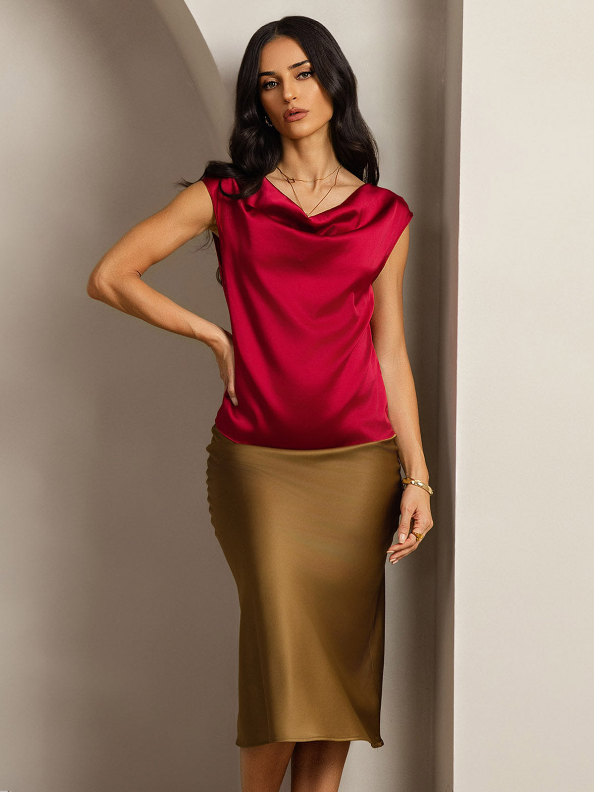 [Wijn] SilkSilky-NL 19Momme Zijde Mouwloos Womens T-Shirt 004