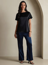 [Zwart] SilkSilky-NL 19Momme Korte Mouw Boat Hals Dames T-Shirt 006