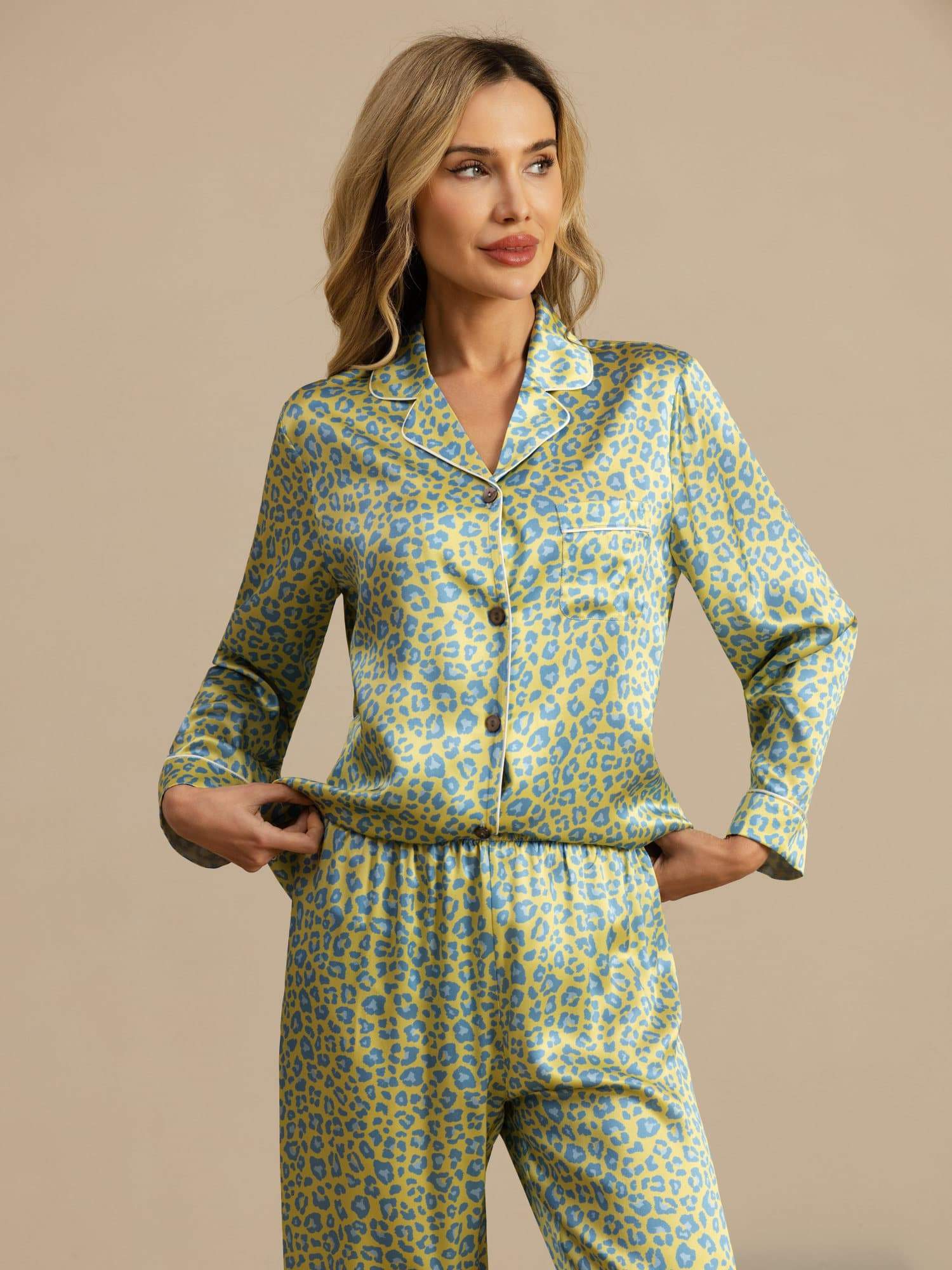 [Groene Luipaard] SilkSilky-NL 19Momme Lange Mouw Notchkraag Dames Pyjama Set 004