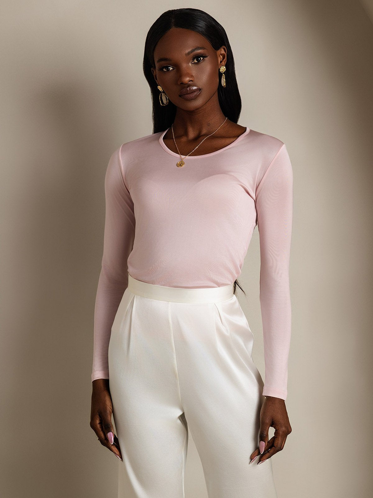 [Koraalroze] SilkSilky-NL Zijde Ronde Hals Dames T-Shirt 003