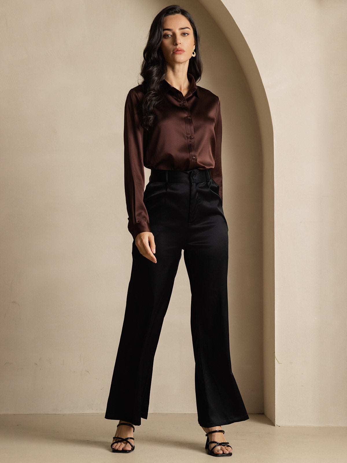 SilkSilky-NL 19Momme Zijde Lange Mouw Kraag Dames Blouse Koffie 009