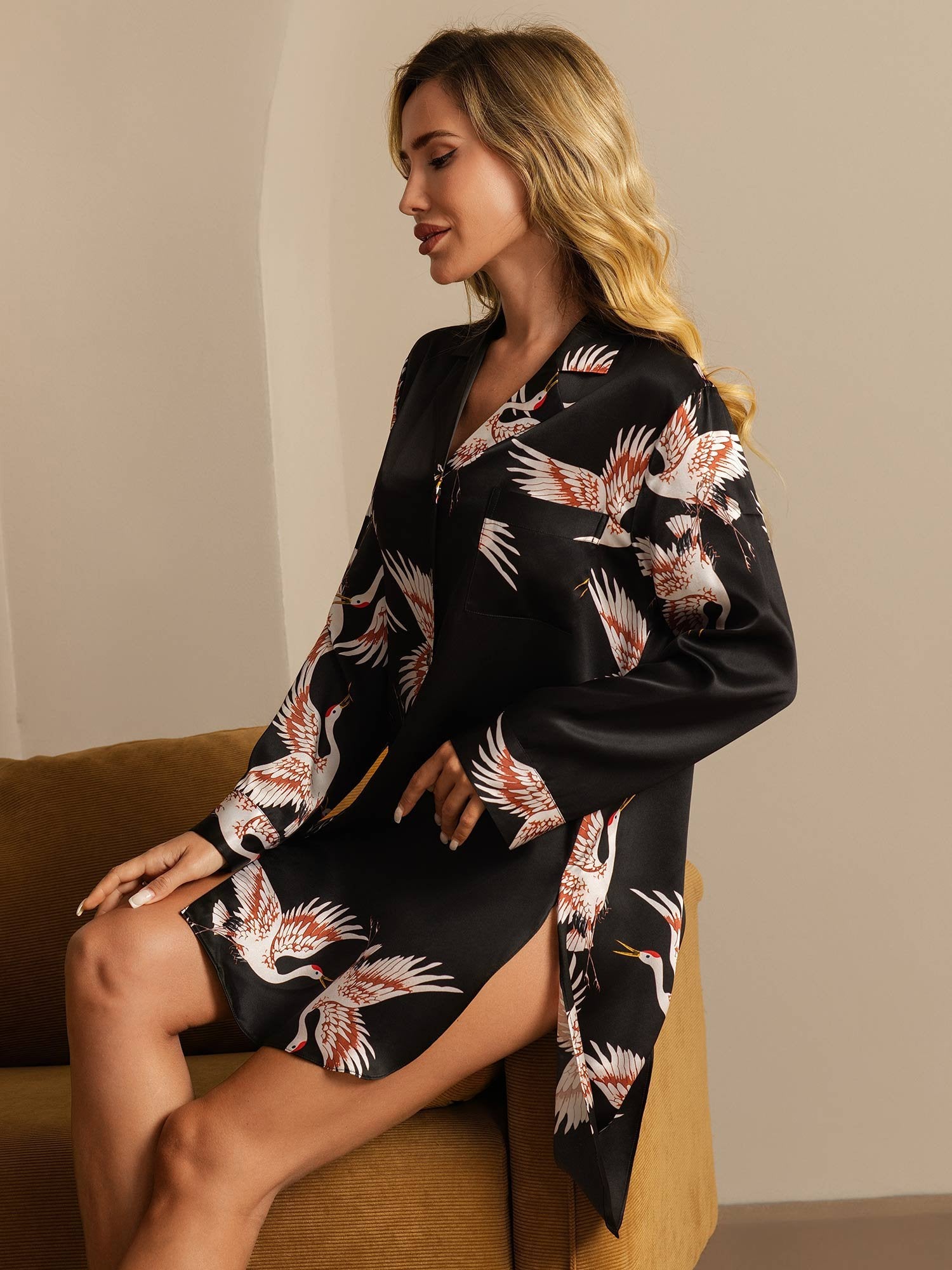 [Zwart] SilkSilky-NL 19Momme Zijde Kraag Slaap Hemd 007,