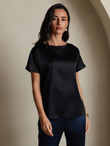 [Zwart] SilkSilky-NL 19Momme Korte Mouw Boat Hals Dames T-Shirt 001