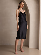 [Zwart] SilkSilky-NL Pure Silk Mouwloos V-Hals Jurk 005