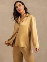 [Tan] SilkSilky-NL 19Momme Lange Mouw Notchkraag Dames Pyjama Set 008