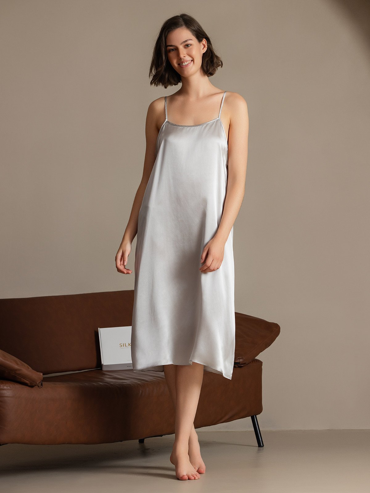 [Lichtgrijs] SilkSilky-NL 19Momme Zijde Mouwloos Dress 004