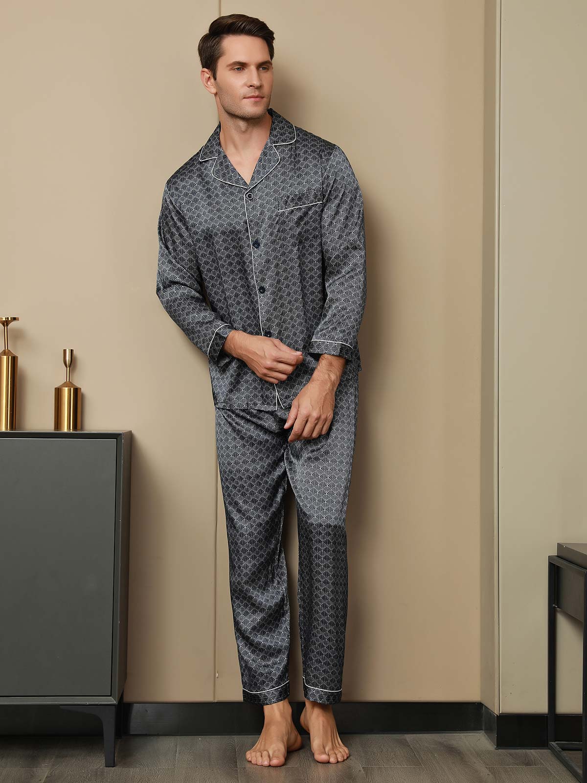 [Marine Ginkgo] SilkSilky-NL 19Momme Mens Pajamas 004