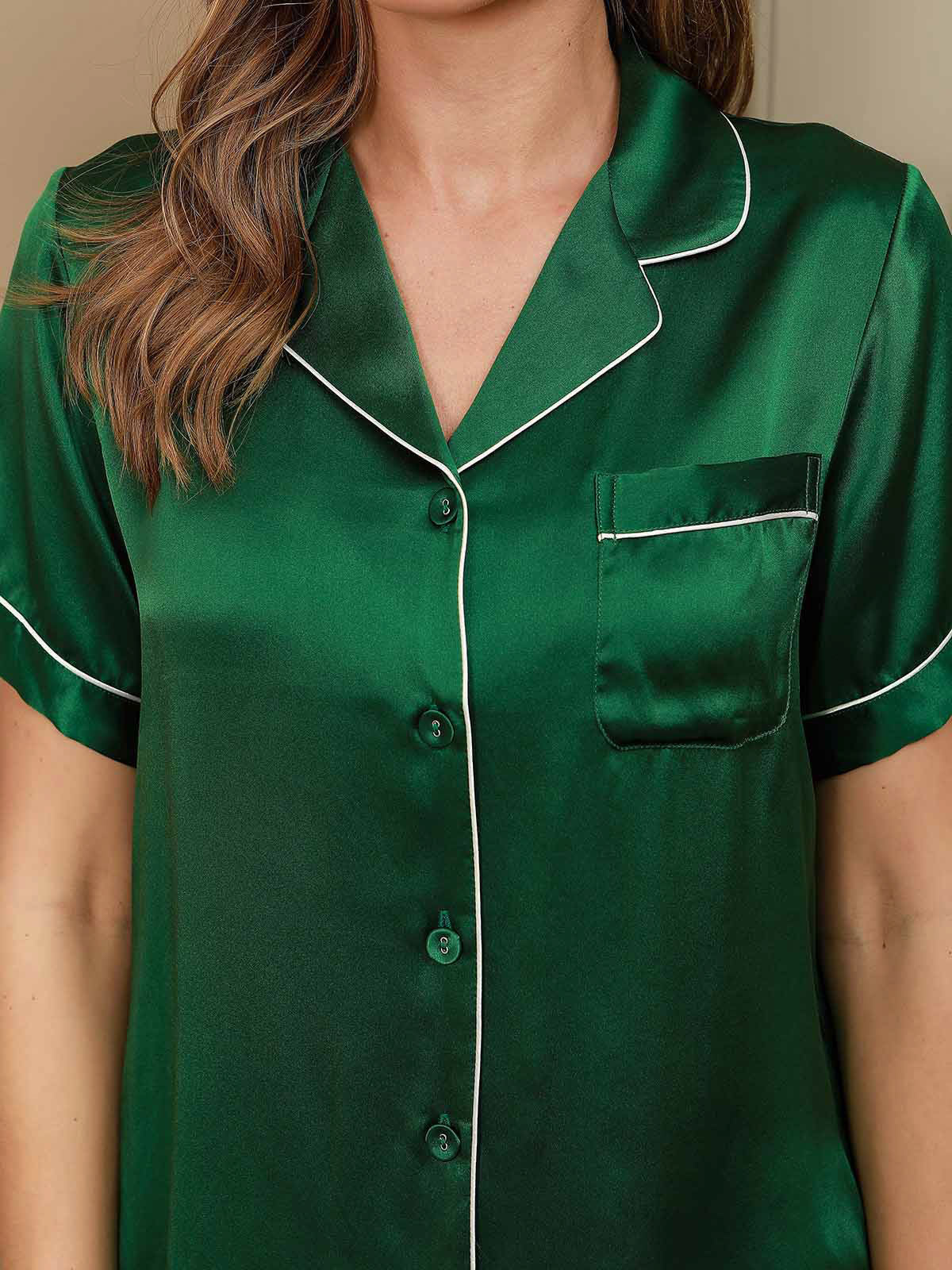 SilkSilky-NL Korte Mouw Revers Dames Pyjama Set Groen 004