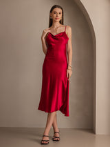 [Wijn] SilkSilky-NL Spaghetti Bandjes Waterval Hals Jurk 001