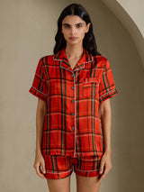 [Rood Geruit] SilkSilky-NL Short Sleeve Notch Collar Dames Pyjama Set 001