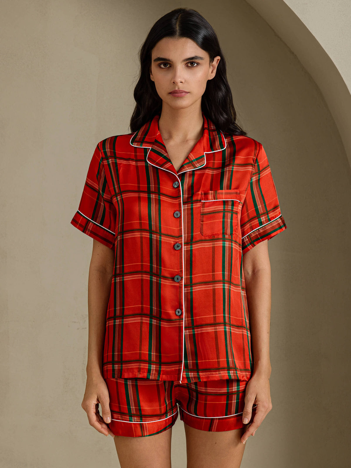 [Rood Geruit] SilkSilky-NL Short Sleeve Notch Collar Dames Pyjama Set 001