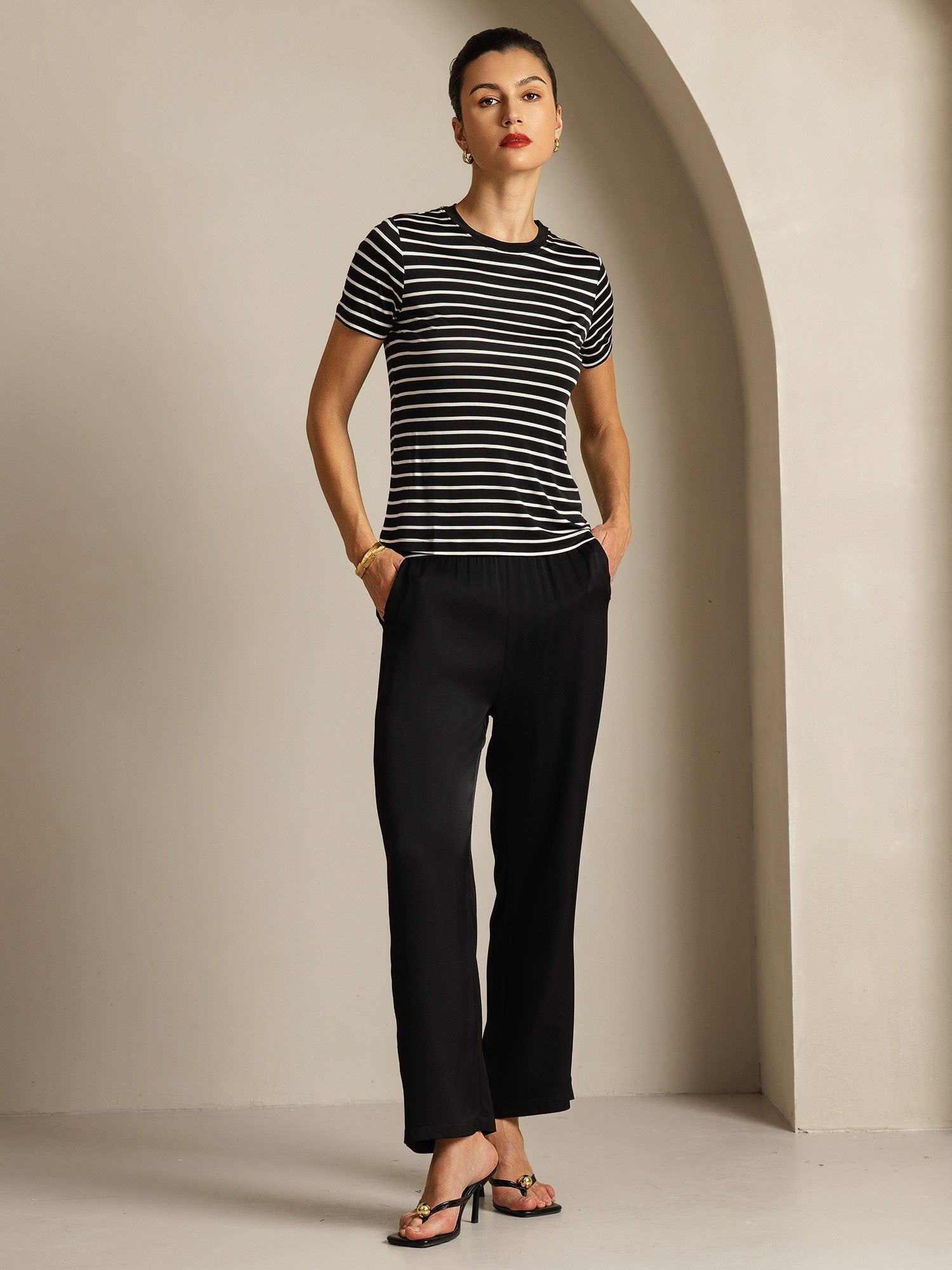 [ZwarteStreep] SilkSilky-NL Zijde Ronde Hals Dames T-Shirt 006