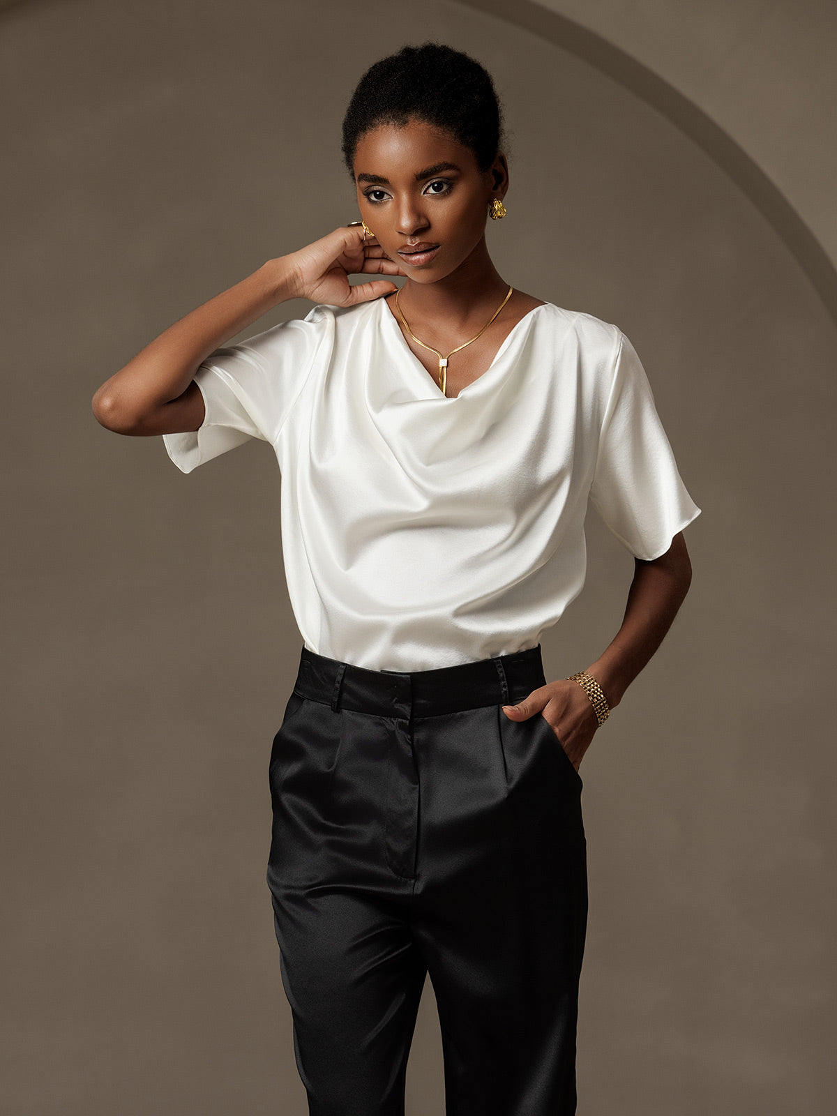 [Wit] SilkSilky-NL 19Momme Zijde Womens T-Shirt 005