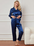 SilkSilky NL Pure Silk Lange Mouw Revers Dames Pyjama Set Donkerblauw 005