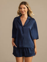 [Donkerblauw] SilkSilky-NL 19Momme Halve Mouw Notchkraag Dames Pyjama Set 008